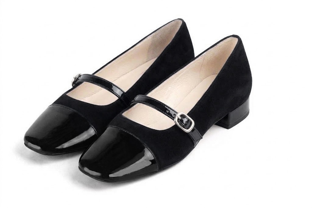 Women's jet black and pitch black low-heel ballet flats with square toe and low block heel - Front view